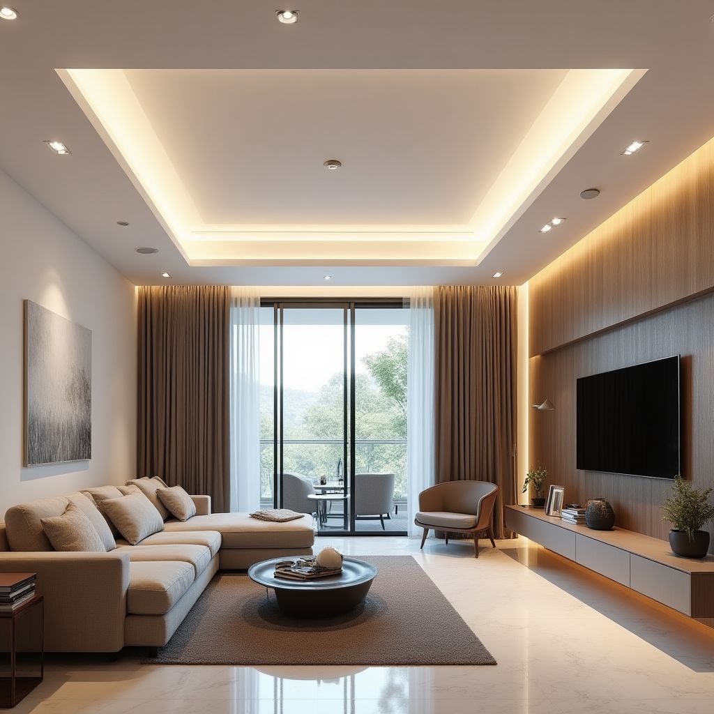 Moderní obývací pokoj s designovým podhledem